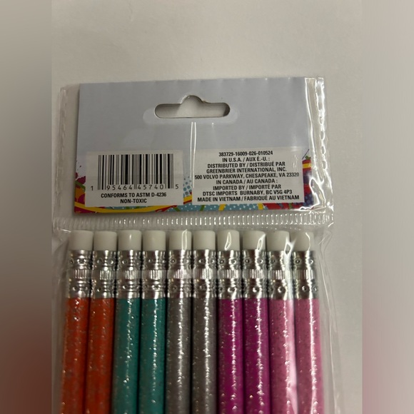 New 10 Jot Glitter Pencils Pink Purple Green Orange Erasers made in Vietnam - Picture 2 of 9